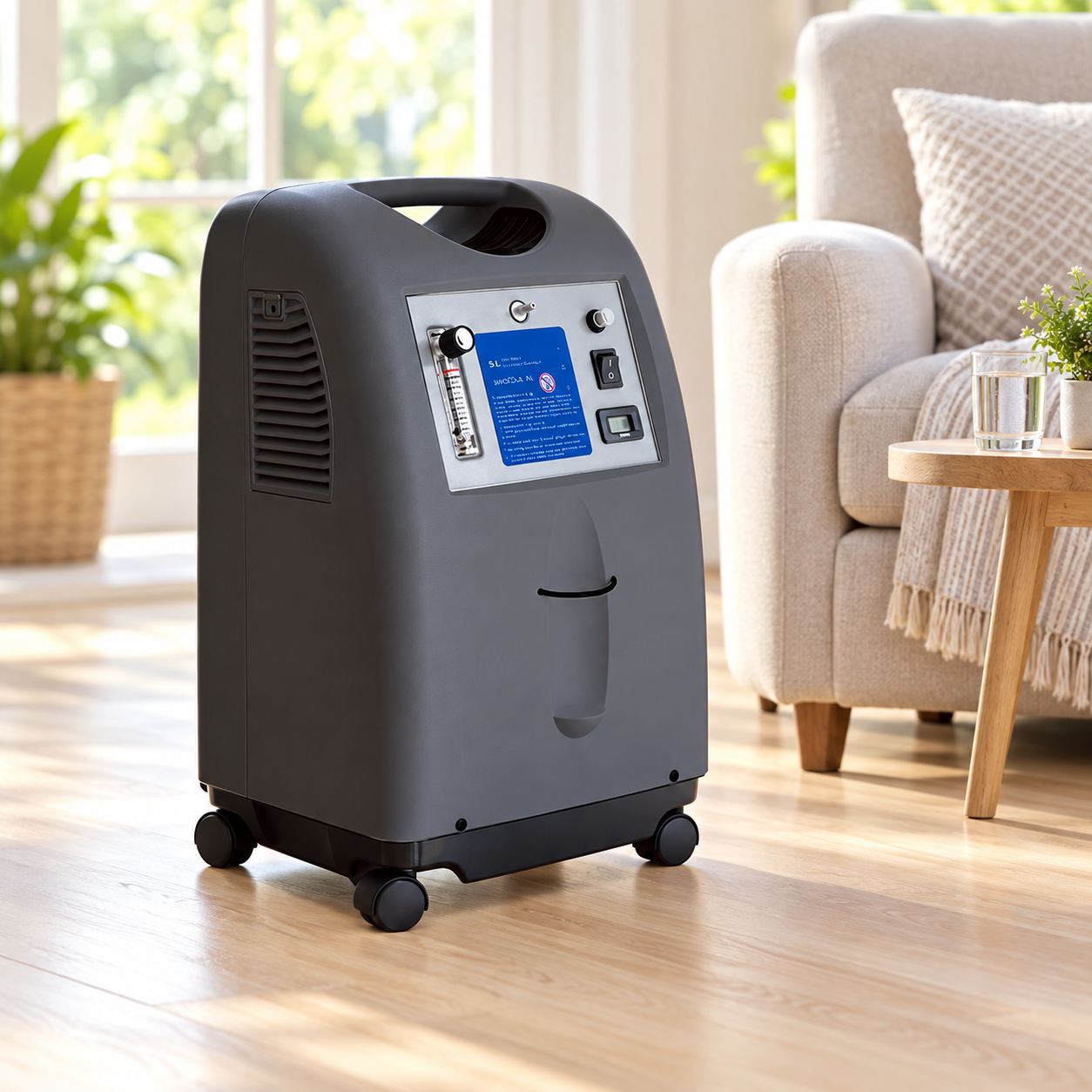 5L oxygen concentrator beside an armchair in a bright home setting, available for rental from Allen Medical Equipment.