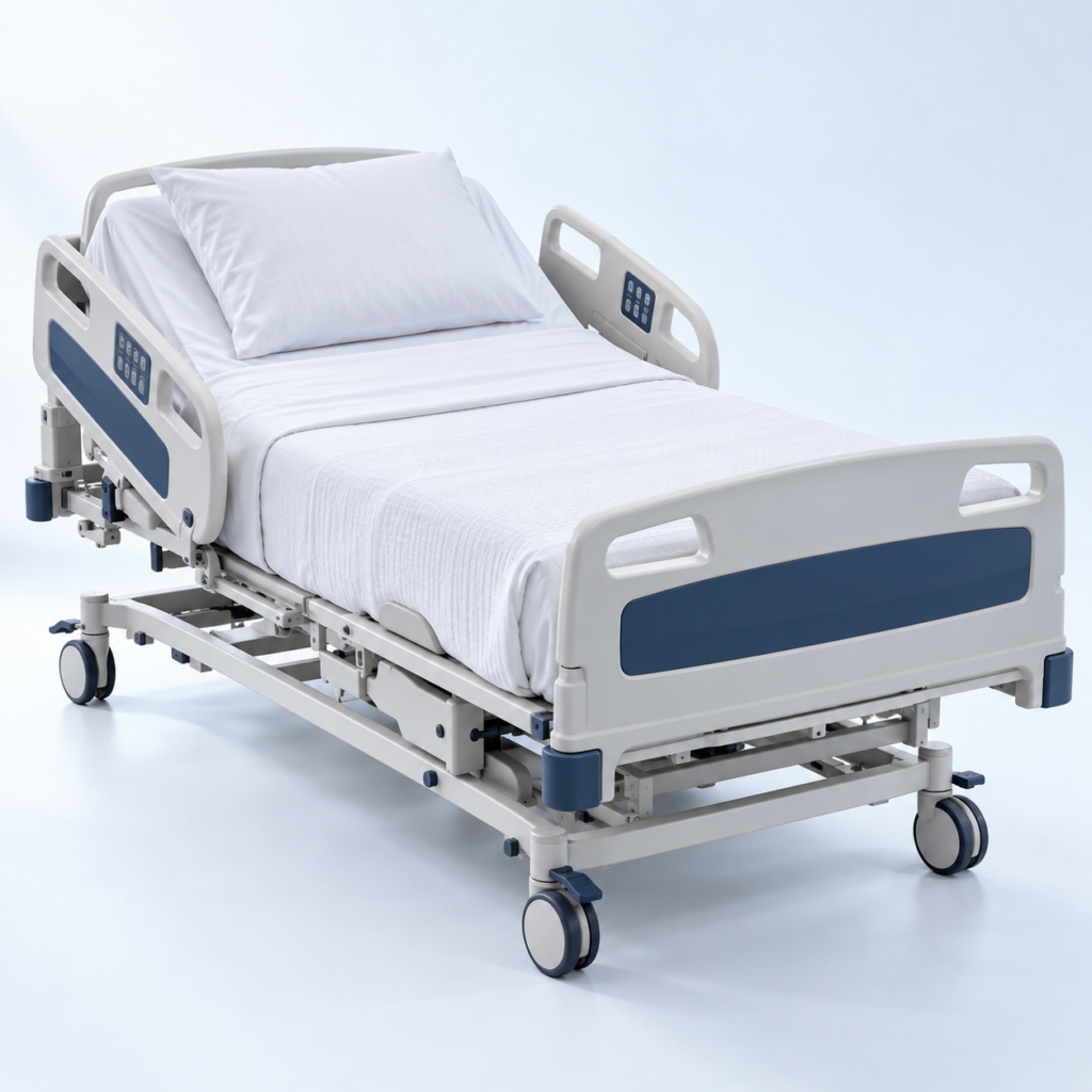 Electric hospital bed with mattress and white linens available for rental in North Texas