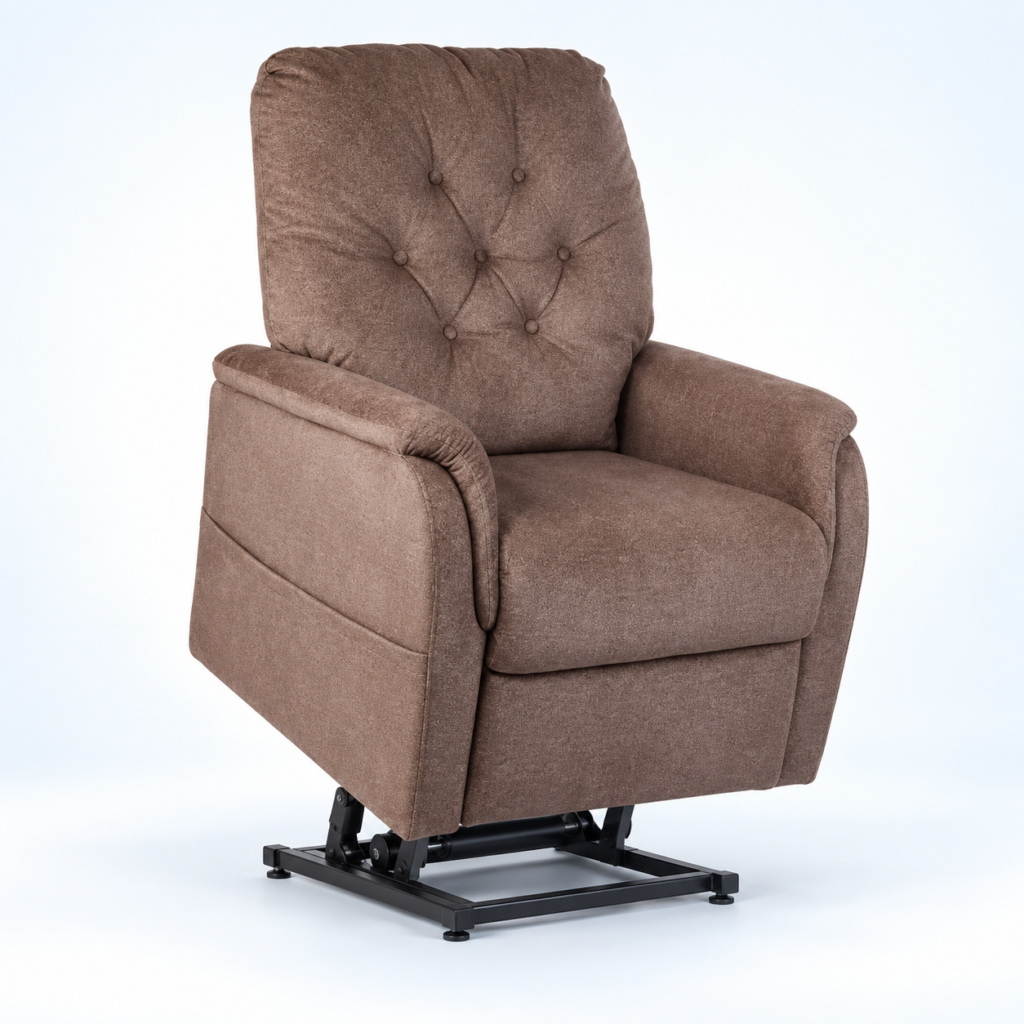 Brown upholstered power lift chair in a raised position, available for rental in North Texas