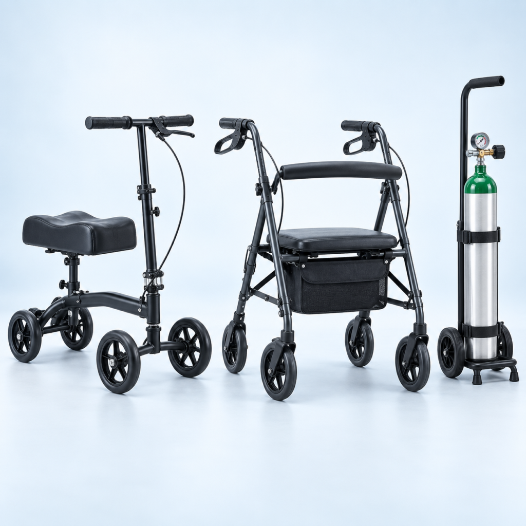 Knee scooter, four-wheel rollator, and portable oxygen tank available for rental in North Texas.